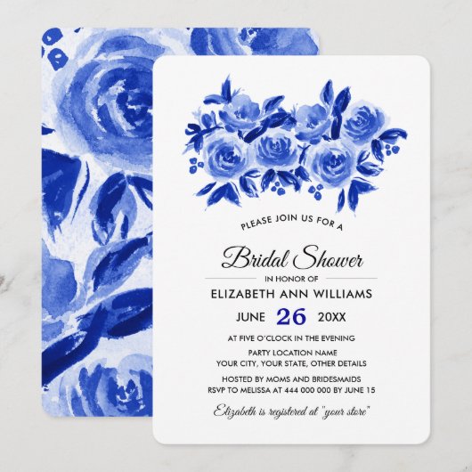 Invitation Fête des mariées d'aquarelle Royal Blue Floral (Devant / Derrière)