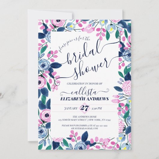 Invitation Fête des mariées d'aquarelle Sweet Rose Navy Fleur (Devant)