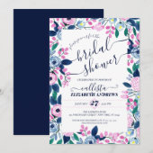 Invitation Fête des mariées d'aquarelle Sweet Rose Navy Fleur (Devant / Derrière)