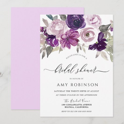 Invitation Fête des mariées d'aquarelle violet violet (Devant / Derrière)