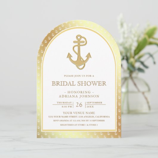 Invitation Fête des mariées d'arc d'Ancre blanche et or nauti (Debout devant)