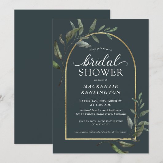 Invitation Fête des mariées d'arc doré moderne Eucalyptus fon (Devant / Derrière)