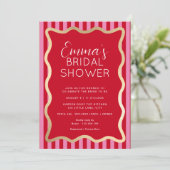 Invitation Fête des mariées de bande rouge rose ondulée (Debout devant)