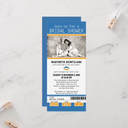 Invitation Fête des mariées de billets de football bleu jaune (Devant/Arrière en situation)