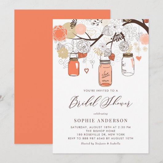 Invitation Fête des mariées de bocaux de pêche orange (Devant / Derrière)