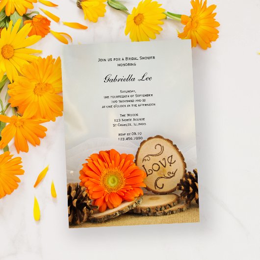 Invitation Fête des mariées de bois rustique Orange Daisy