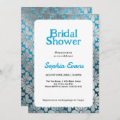 Invitation Fête des mariées de bordure florale bleu et argent (Devant / Derrière)