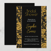 Invitation Fête des mariées de bordure florale noire et or (Devant / Derrière)