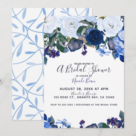 Invitation Fête des mariées de bouquet floral blanc et bleu h (Devant / Derrière)