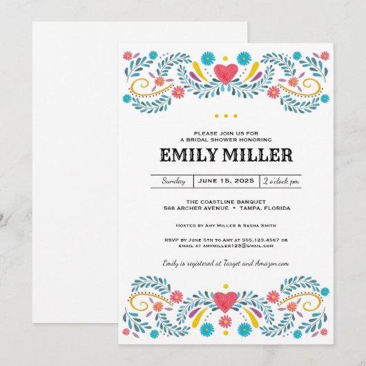 Invitation Fête des mariées de broderie florale folklorique m (Devant / Derrière)