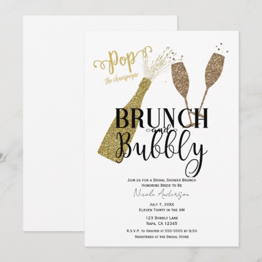 Invitation FÊTE DES MARIÉES de brunch au champagne POP & Bubb (Devant / Derrière)