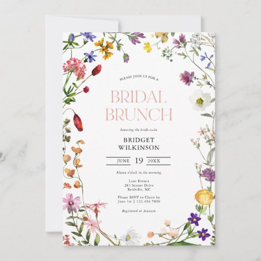 Invitation Fête des mariées de brunch Fleur sauvage aquarelle (Devant)