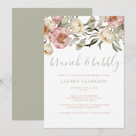 Invitation Fête des mariées de Brunch Floral Rose rose rose S (Devant / Derrière)