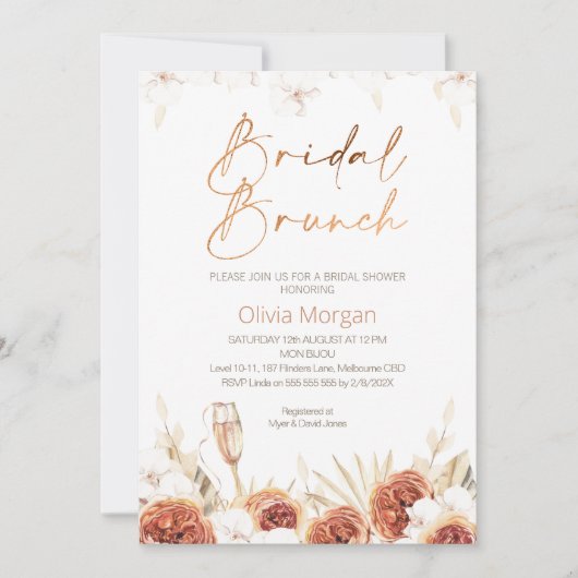 Invitation Fête des mariées de brunch pour mariée de Boho ora (Devant)