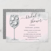 Invitation Fête des mariées de bulle diamant rose en argent (Devant / Derrière)