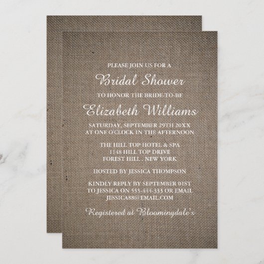 Invitation Fête des mariées de Burlap rustique (Devant / Derrière)