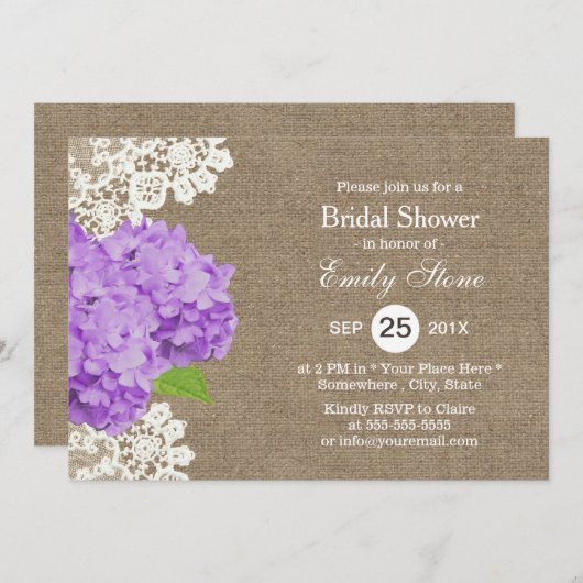 Invitation Fête des mariées de Burlap Violet Hydrangea Rustiq (Devant / Derrière)