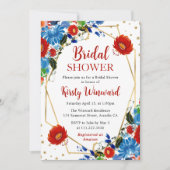 Invitation Fête des mariées de cadre Fleurs rouges et bleues (Devant)