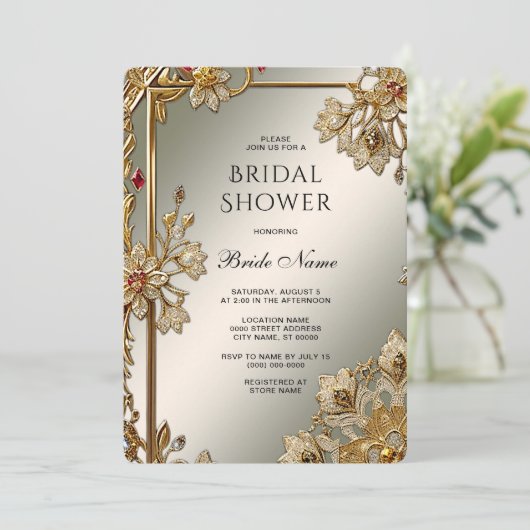 Invitation Fête des mariées de cadre Floral Orné Or (Debout devant)