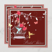 Invitation Fête des mariées de cage à oiseaux rouge et corail (Devant / Derrière)