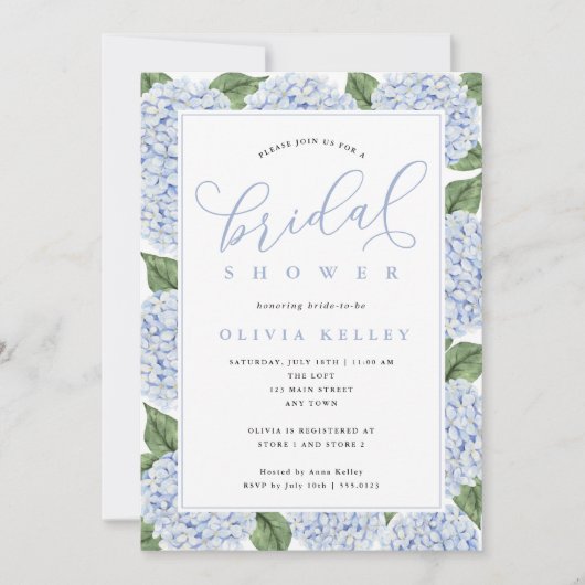 Invitation Fête des mariées de calligraphie Blue Hydrangea Fl (Devant)