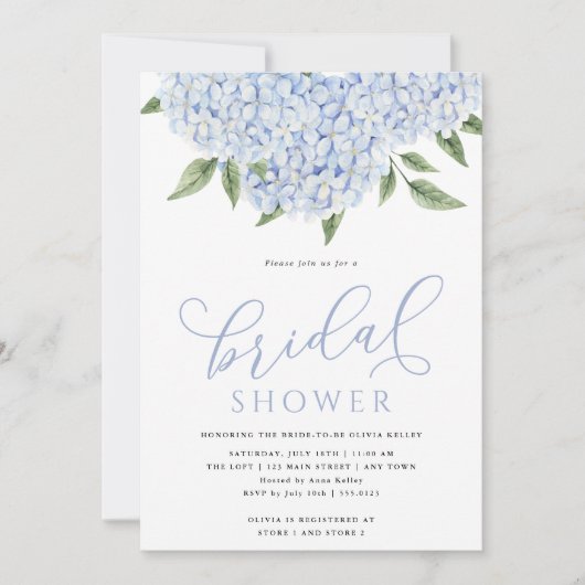 Invitation Fête des mariées de calligraphie Blue Hydrangea Fl (Devant)