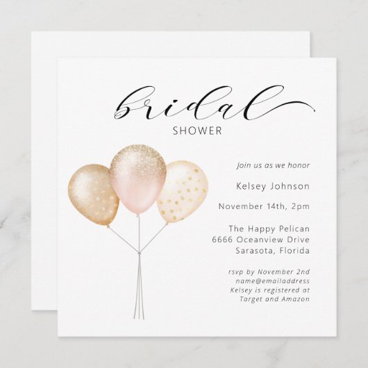 Invitation Fête des mariées de calligraphie de ballon rose or (Devant / Derrière)