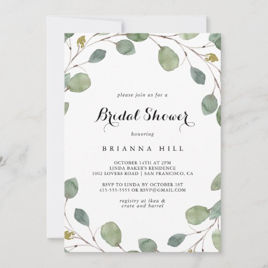 Invitation Fête des mariées de calligraphie de feuillage Euca (Devant)