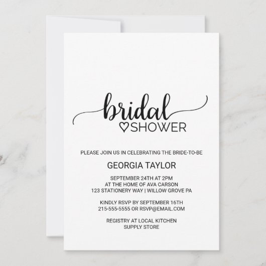 Invitation Fête des mariées de calligraphie noire simple (Devant)