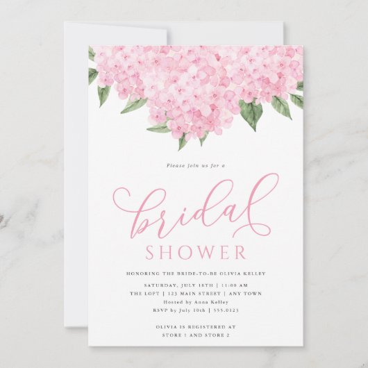 Invitation Fête des mariées de calligraphie rose Hydrangea Fl (Devant)