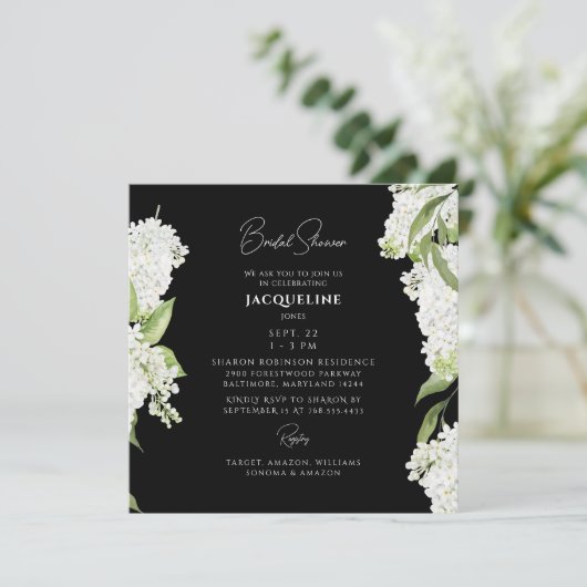 Invitation Fête des mariées de Carré d'Hydrangea noir blanc (Debout devant)