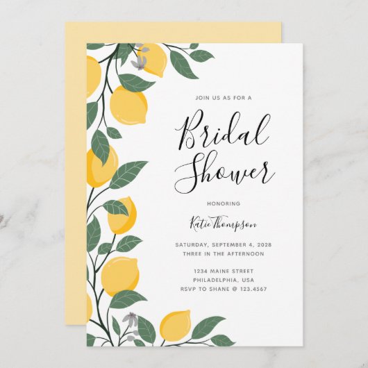 Invitation Fête des mariées de citrons et de calligraphie Feu (Devant / Derrière)