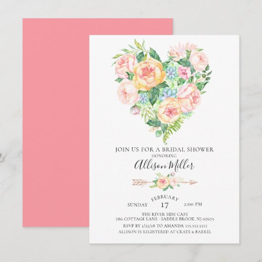Invitation Fête des mariées de coeur florale aquarelle (Devant / Derrière)