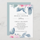 INVITATION FÊTE DES MARIÉES DE COULEUR D'EAU FLORALE BLEU DOU (Devant / Derrière)