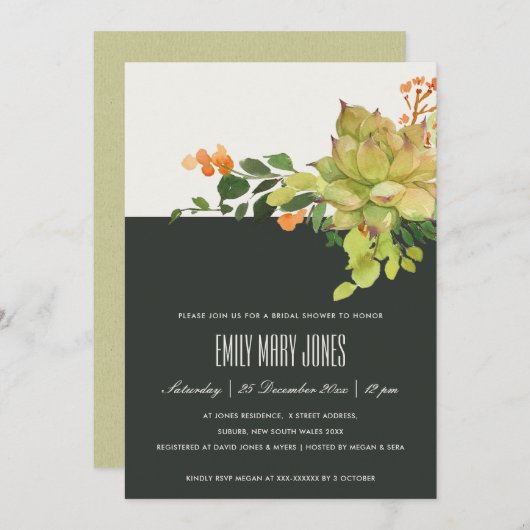 INVITATION FÊTE DES MARIÉES DE COULEUR D'EAU FLORALE SUCCULTE (Devant / Derrière)