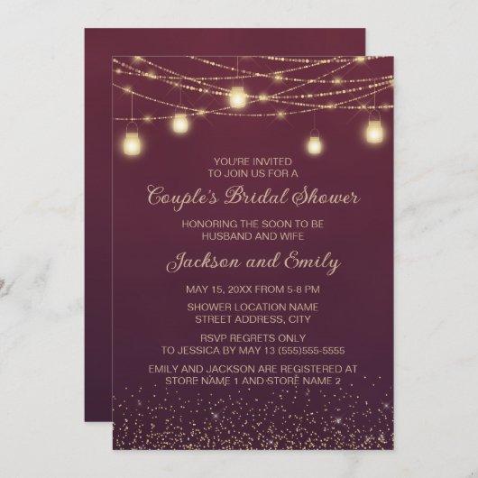 Invitation Fête des mariées de couple Bourgogne or String lum (Devant / Derrière)