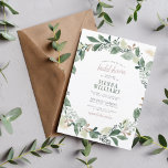 Invitation Fête des mariées de couronne Feuille d'Eucalyptus<br><div class="desc">Un beau mélange d'élégance, de rustique et de moderne. Ce design présente un thème intemporel de verdure d'aquarelle luxuriante et de parties scintillant faux or avec calligraphie script et chapiteaux serif. Il y a une couronne d'eucalyptus feuillage autour du bord de l'invitation, "douche nuptiale" apparaît en haut en lettres roses...</div>