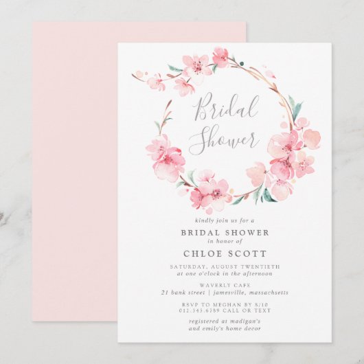 Invitation Fête des mariées de couronne rose pâle en fleur de (Devant / Derrière)