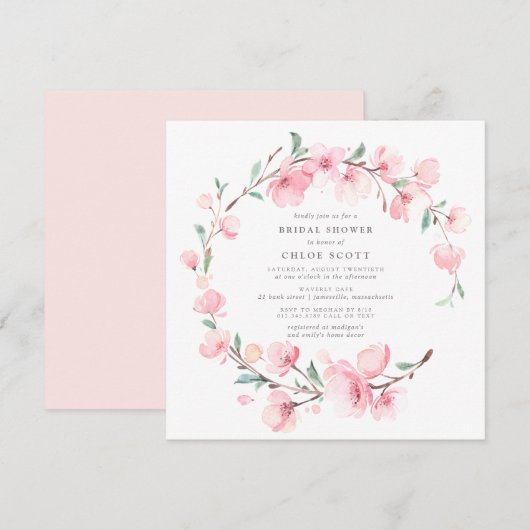 Invitation Fête des mariées de couronne rose pâle en fleur de (Devant / Derrière)