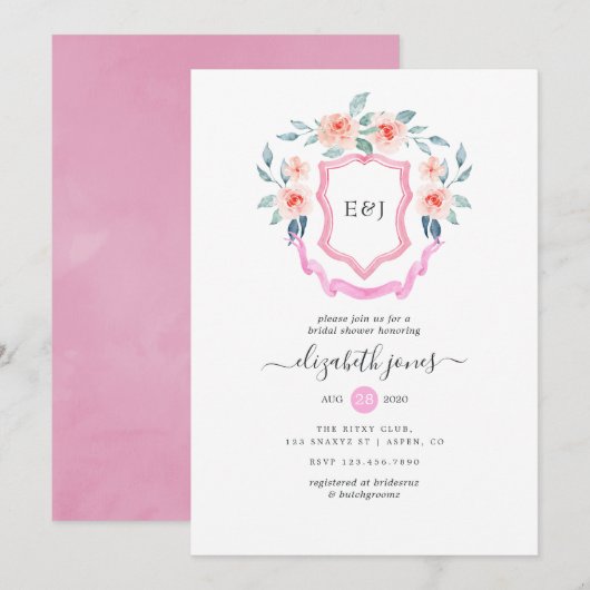 Invitation Fête des mariées de crête de monogramme floral (Devant / Derrière)