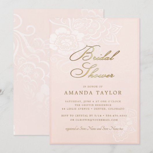 Invitation Fête des mariées de dentelle florale rose (Devant / Derrière)