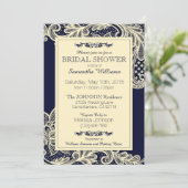 Invitation Fête des mariées de dentelle marine et crème (Debout devant)