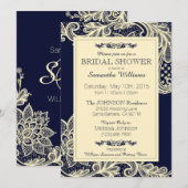 Invitation Fête des mariées de dentelle marine et crème (Devant / Derrière)