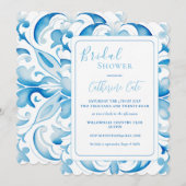 Invitation Fête des mariées de design toscan bleu et blanc (Devant / Derrière)