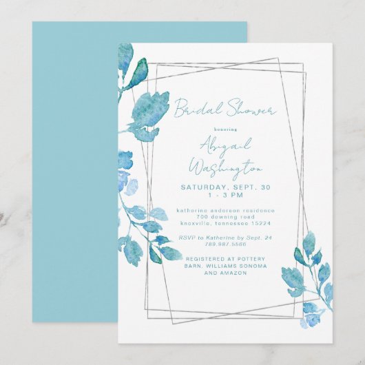 Invitation Fête des mariées de feuillage végétal turquoise (Devant / Derrière)