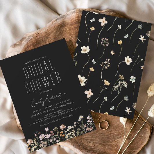 Invitation Fête des mariées de Fleur sauvage Black Boho moder
