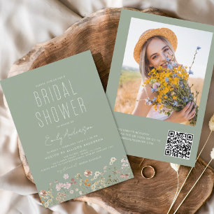 Invitation Fête des mariées de Fleur sauvage vert QR Code Sag