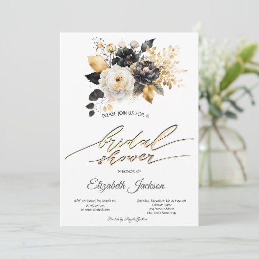 Invitation Fête des mariées de fleurs blanches en or (Debout devant)