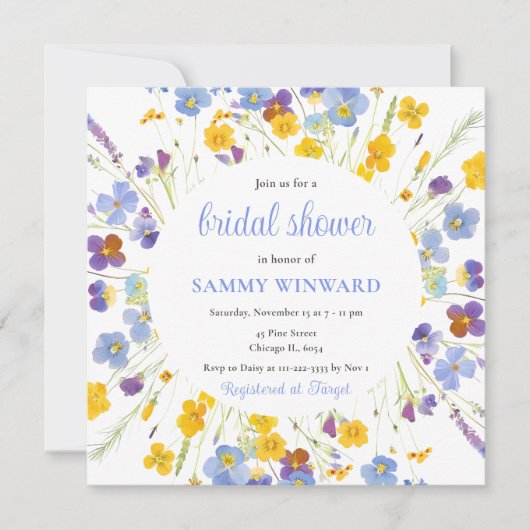 Invitation Fête des mariées de fleurs bleu et jaune printemps (Devant)