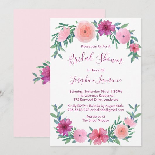 Invitation Fête des mariées de fleurs d'aquarelle rose (Devant / Derrière)